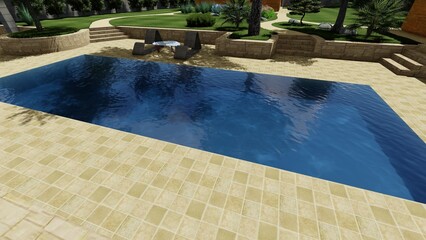 3d image of the landscape design of the home territory. Landscaping of the territory. Computer visualization of composite landscaping and landscaping solutions.