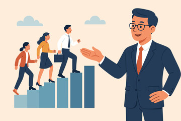 Business coaching mentor concept. Improve employee skills, performance, leadership. Motivation and guidance for success. People walking up stairs to career growth. Vector.
