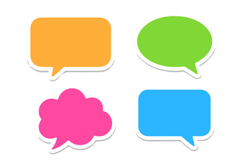 Colorful sticker speech bubbles vector set. Chat box collection. Icons for message or communication. Empty talk balloon templates for dialogue, comments, or quotes. Isolated.