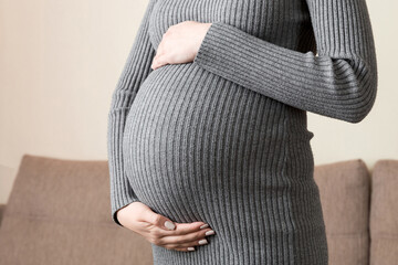 Pregnancy woman in beautiful dress standing on the home