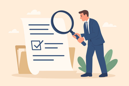 Document checking concept. Businessman holding a magnifying glass for agreement or contract validation. Financial or budget analysis, audit, and verification of data.
