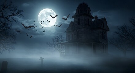 Haunted House in Fog with Full Moon