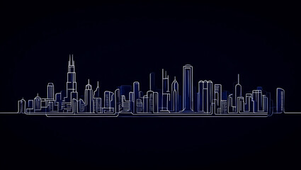 Fototapeta premium Minimalist city skyline outline with blue accents buildings architecture
