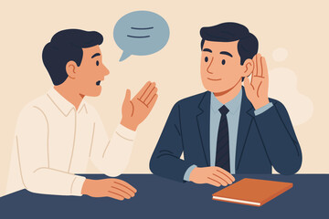 Active listening communication skill concept. Businessman listens to colleague. Job effectiveness, paying attention in conversation. Empathy, discussion, and understanding.