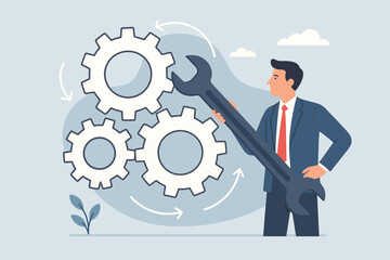 Business process optimization concept. Businessman with a wrench adjusting a cogwheel mechanism. Metaphor for improvement, maintenance, repair, and workflow management solution.