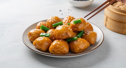 Plate of glazed dumplings with chopsticks and garnish