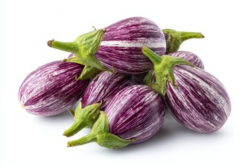 Freshly harvested purple striped eggplants arranged neatly on a white background highlighting their vibrant colors and unique patterns