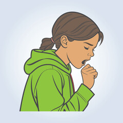 An illustration of a girl coughing and wearing a green hoodie