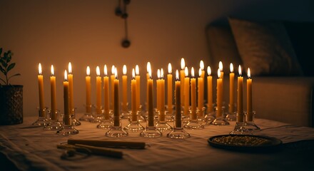 Candlelit Celebration: A cluster of burning candles cast a warm, inviting glow, illuminating the space with a sense of serenity, making the scene feel celebratory and introspective.