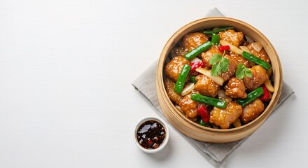 Sweet and sour chicken in a bamboo steamer basket