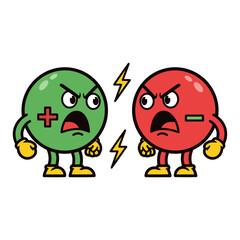 Flat Vector of Plus and Minus Emoji Characters Arguing – Cartoon Green and Red Symbols with Arms, Legs, Big Eyes, and Lightning Bolts Between Them on Clean White Background