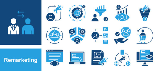 Remarketing icon set with Retargeting, Conversion, Target audience, Customer retention, Display ads, Engagement