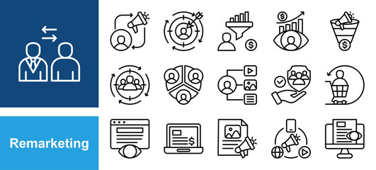 Remarketing icon set with Retargeting, Conversion, Target audience, Customer retention, Display ads, Engagement