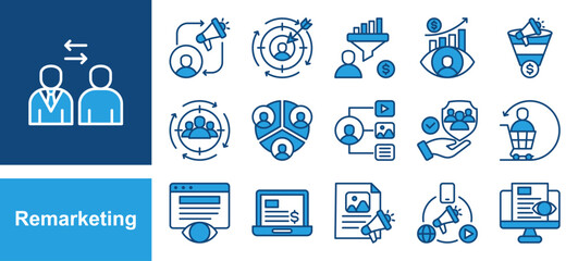Remarketing icon set with Retargeting, Conversion, Target audience, Customer retention, Display ads, Engagement