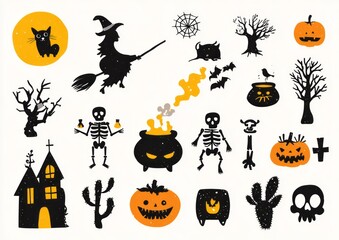 Vector illustration of cartoon halloween elements, black silhouette on white background, 