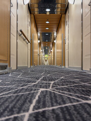 A modern cruise ship corridor with patterned carpet and wood-paneled walls viewed from floor level, showcasing symmetry and travel design