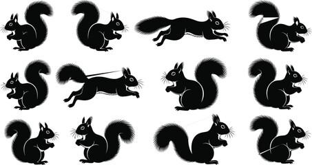 Squirrel silhouette vector set, cartoon squirrels in various poses, forest animal icon collection, jumping, sitting, eating squirrel illustration bundle