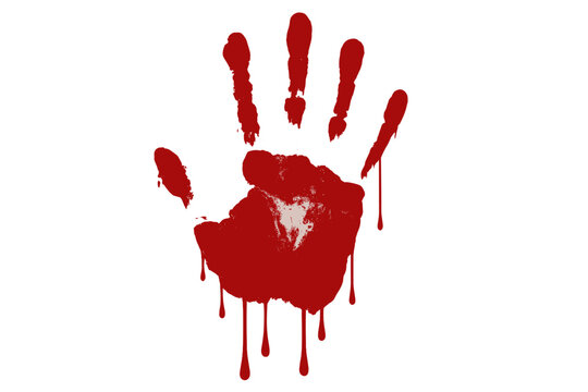 Horror bloody red handprint with dripping blood vector illustration, scary horror blood stain, creepy red hand mark on transparent background, Halloween crime scene, fear concept
