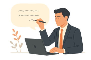 Businessman Writing Email, Effective Written Communication, Professional Message Skills, Office Handwriting, Digital Correspondence, Success in Business Communication, Manuscript Concept Illustration