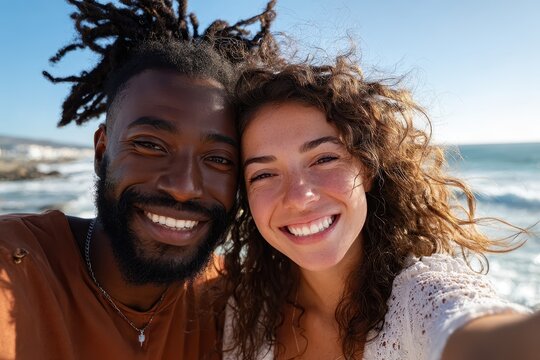 Young diverse couple enjoys a sunny day by the ocean while taking a joyful selfie with beautiful waves in the background