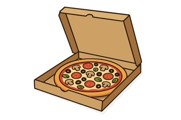 Freshly Baked Pizza in Open Cardboard Delivery Box, Vector Illustration, Tasty Italian Fast Food, Pepperoni, Mushrooms, Olives, Green Leaves, Takeout Meal, Isolated on White Background