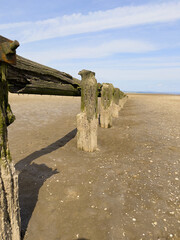 A row of weathered wooden groynes receding into the sandy beach under a blue sky, conveying coastal...