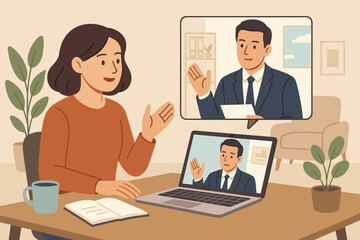 Remote Work Team Meeting, Online Business Communication, Virtual Video Conference Collaboration, Home Office Workspace, Businessman and Woman Engaged in Digital Discussion, Remote Teamwork Concept