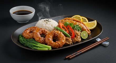 A plate of asian food with rice and fried donuts