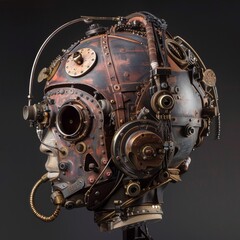 Fototapeta premium The helmet is adorned with various intricate components, including circular elements and mechanical details, giving it a robust, industrial appearance