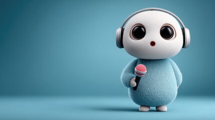 Obraz premium Cute Cartoon Character in Headphones Holding a Microphone on a Blue Background