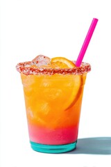 Refreshing tropical mocktail with orange slice and chili powder rim, garnished with ice and pink straw