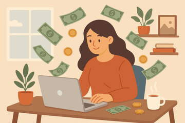 Remote Work Success: Self-Employed Freelancer or Online Business Owner Making Money from Home, E-Commerce Entrepreneur, Distance Worker, Young Woman at Laptop, Financial Independence