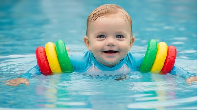 A happy baby is swimming in a pool with arm floaties