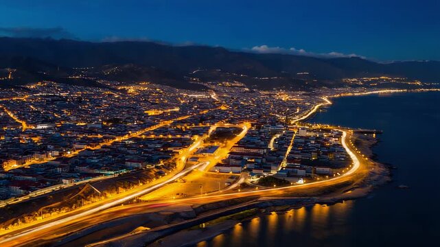 Dramatic Aerial Night View of Posadas, Argentina with Urban Light Trails and Lit Coastline