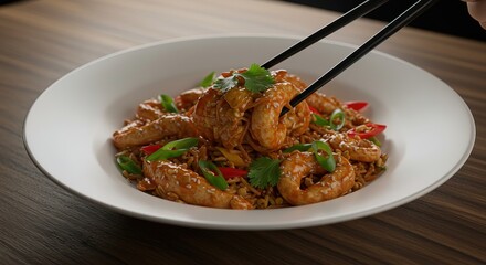 Close up of shrimp fried rice with chopsticks in bowl