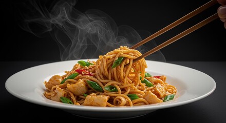Close up of noodles with chicken and vegetables dish