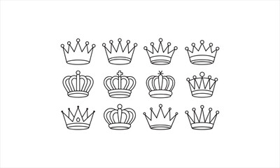Twelve Black Crown Outlines on White Background Vector Illustration