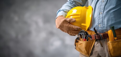 The construction worker holding a yellow safety helmet with tools in a belt.