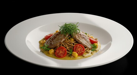 Elegant plate with meat noodles and tomato garnish