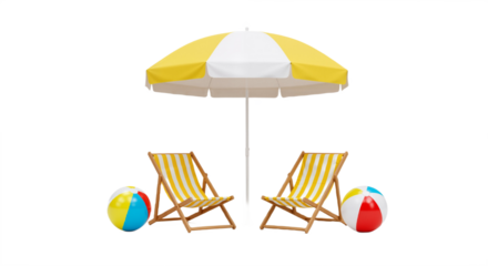 Beach Scene Serenity: Striped Umbrella and Chairs with Playful Beach Balls