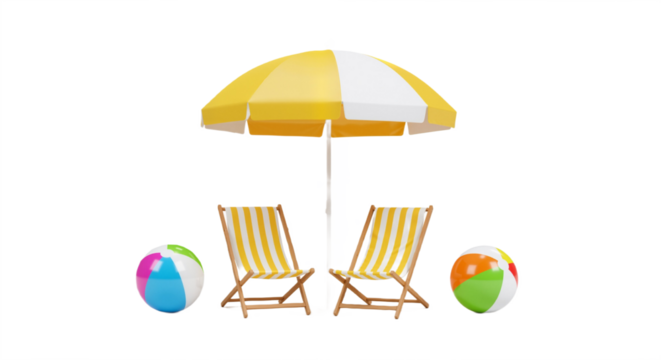 Beach Scene Serenity: Striped Umbrella and Chairs with Playful Beach Balls - Powered by Adobe
