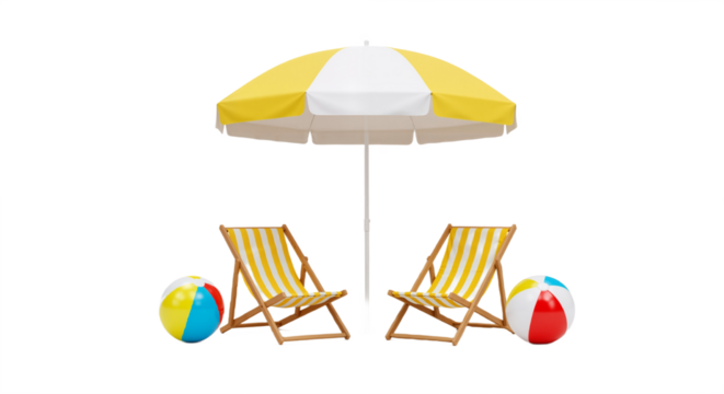 Beach Scene Serenity: Striped Umbrella and Chairs with Playful Beach Balls - Powered by Adobe