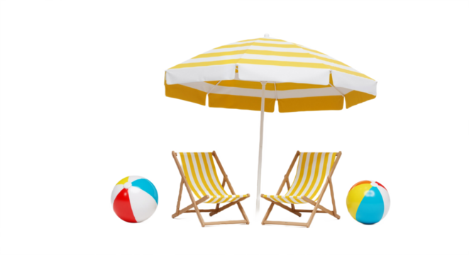 Beach Scene Serenity: Striped Umbrella and Chairs with Playful Beach Balls