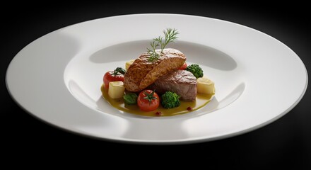 Elegant dish with meat tomatoes and green garnish food