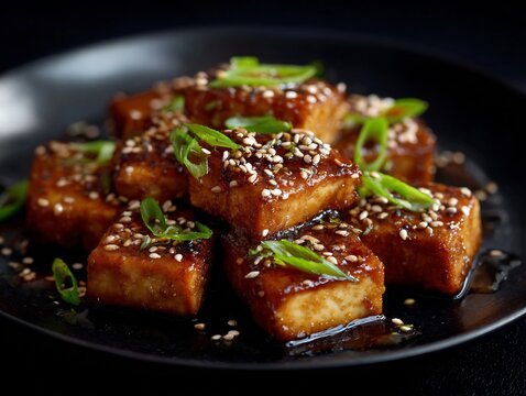 Korean soy braised tofu glossy brown glaze sesame seed green onion garnish black plate close up