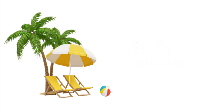 Beach Scene Serenity: Striped Umbrella and Chairs with Playful Beach Balls - Powered by Adobe