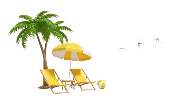 Beach Scene Serenity: Striped Umbrella and Chairs with Playful Beach Balls - Powered by Adobe