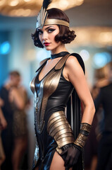 confident young woman warrior costume cosplay at party
