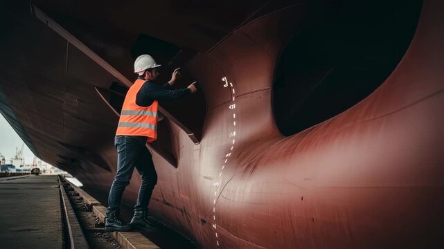 Dockside engineer evaluating large ships lower deck and keel