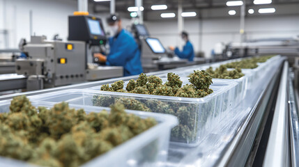 Automated crop cultivation involves placing harvested buds into trays on a conveyor belt in a high-tech facility with masked workers overseeing operations.